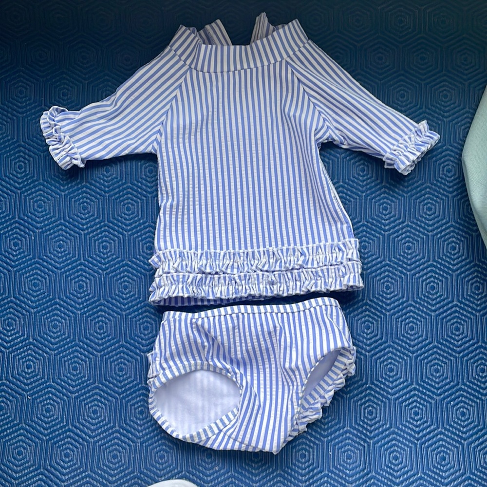 RuffleButts blue and white stripe short sleeve rash guard with bottoms